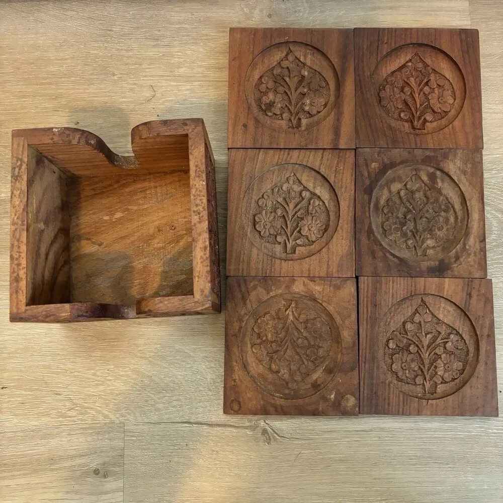 Vintage Hand Carved Wood Coaster Set Caddy Floral Leaf Indian Wooden Drink Mat